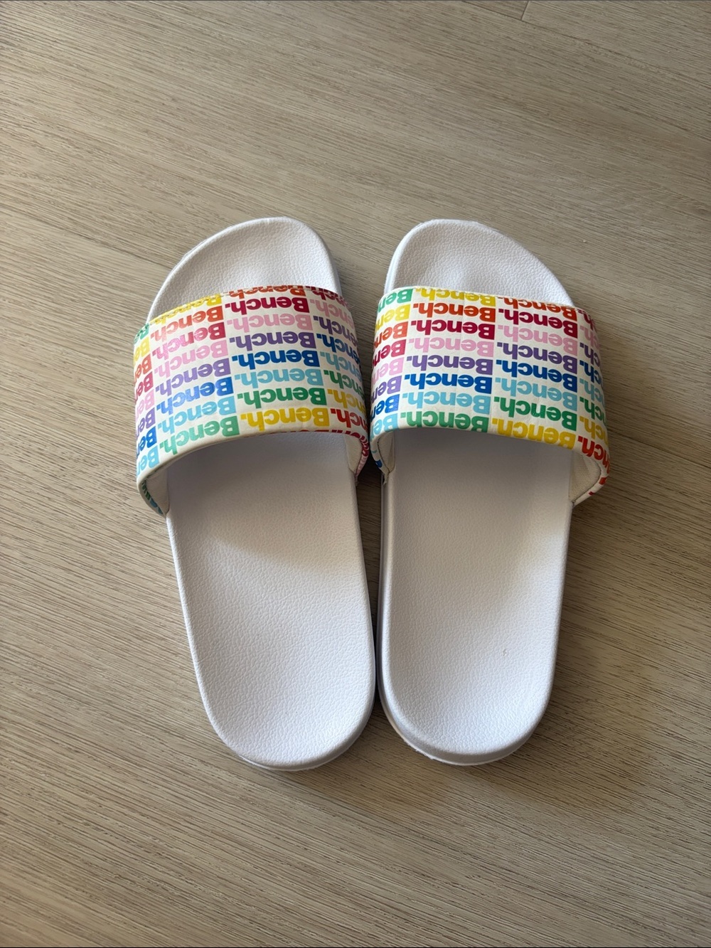 Bench White Kids Slide Sandals with Rainbow Logo Strap